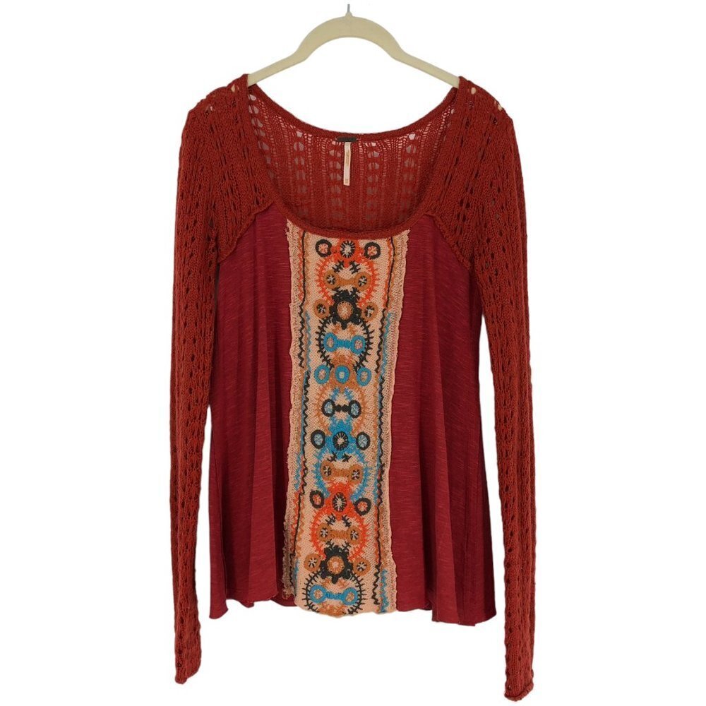 Free  People Rust Orange Embroidered Longsleeve Scoop neck Knit top size XS
